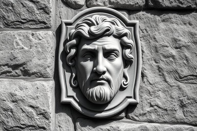 Create a detailed, high-resolution monochrome photograph of a sculpted face relief on a textured stone wall, using a DSLR camera with a 50mm lens, f/2.8 aperture, ISO 100, and a shallow depth of field for enhanced clarity and detail, shot in natural light from a slightly elevated angle for a dramatic perspective.