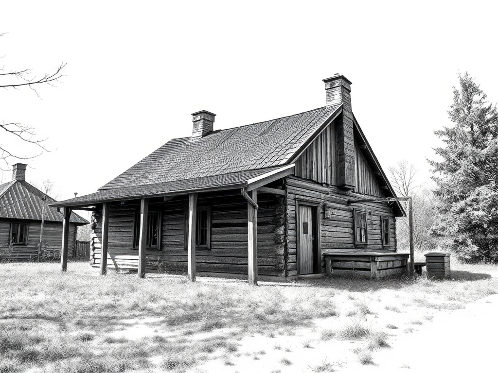 regenerate an image of an old wooden house in a grayscale sketch style, using a 50mm lens with f/2.8 aperture, ISO 100, soft natural lighting, taken from a low angle to capture details of the architecture, shot with a DSLR camera