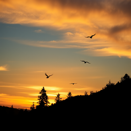 sunset mountain landscape with silhouettes of trees and birds in flight, high dynamic range, focal length 35mm, aperture f/8, ISO 100, shot from a low angle, DSLR camera, vibrant colors and smooth gradients