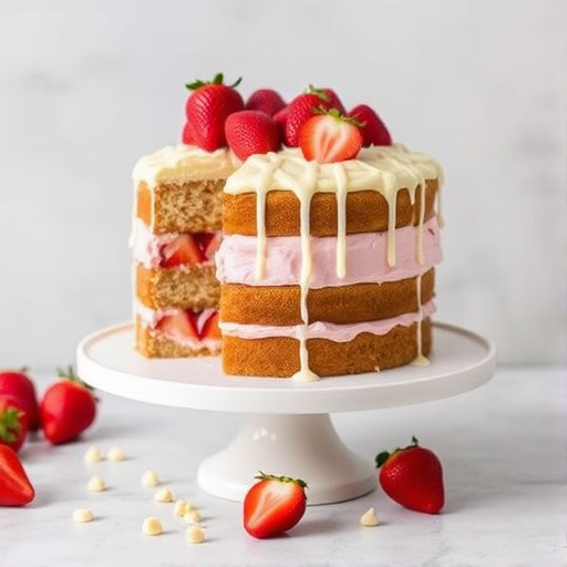 A delicious layered cake with pink frosting, topped with fresh strawberries and drizzled white chocolate, presented on a white cake stand with strawberries and white chocolate chips scattered around, against a light gray background.