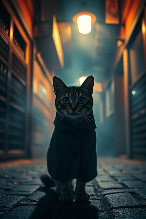 Create a whimsical, darkly lit urban scene featuring a cat with large glowing eyes, wearing a coat, standing under a lamplight in a foggy alleyway at night, use a Canon EOS R5 with a 50mm f/1.2 lens, aperture set to f/1.2, shutter speed 1/60s, ISO 800, and a cinematic perspective, focusing on vibrant colors and textures for a magical atmosphere.