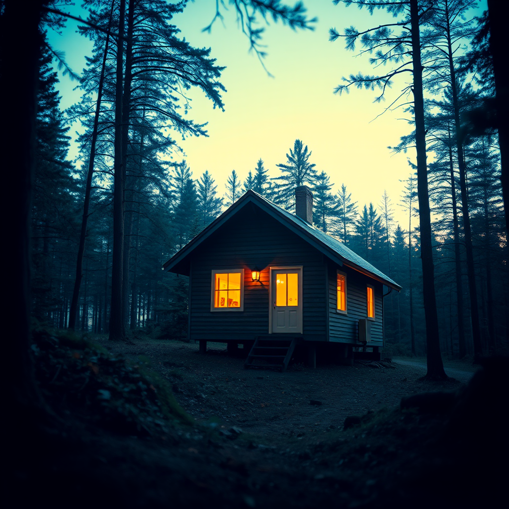 Generate an image of a small, solitary house in a dense forest at dusk, with warm light glowing from the windows, detailed view with a shallow depth of field, using a Canon EOS R5, 50mm f/1.2 lens, ISO 400, f/1.8, 1/60s, to capture rich colors and depth.