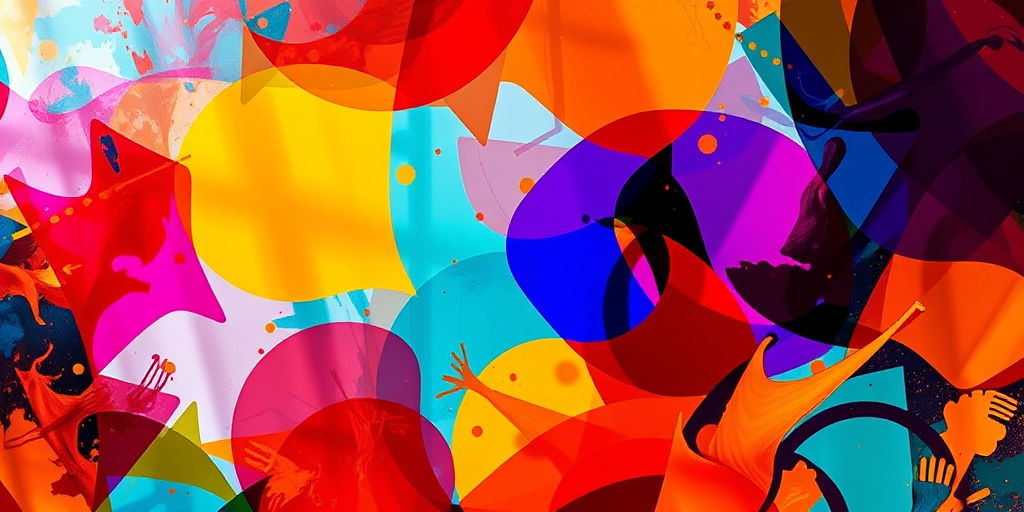 Create an abstract image featuring a vibrant color palette with dynamic shapes and patterns, shot with a Canon EOS R5, 50mm lens, aperture f/1.8, ISO 100, 1/200s shutter speed, in a top-down view for depth and clarity.