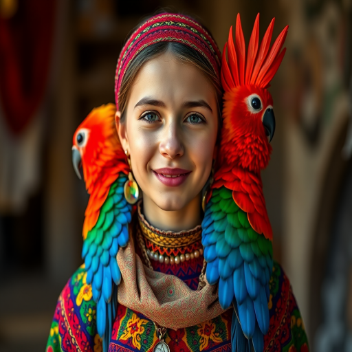 A beautiful Turkish girl, wearing colorful bird clothing with vibrant colors