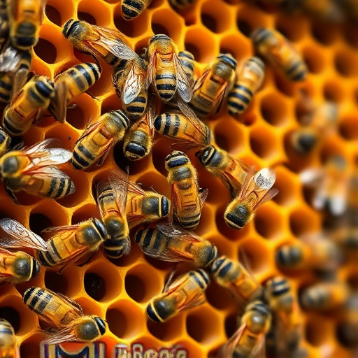 Close-up shot of a honeycomb filled with bees, using a Canon EOS 5D Mark IV with a 100mm macro lens, aperture set to f/2.8, ISO 200, natural lighting for enhanced detail and texture.