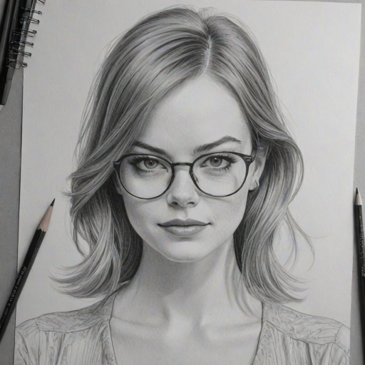 Stunning Emma Stone, pencil sketch, portrait of Fascinating woman 1962s in glasses, hair style beatnik, outline, clear lines, fine lines, 8k