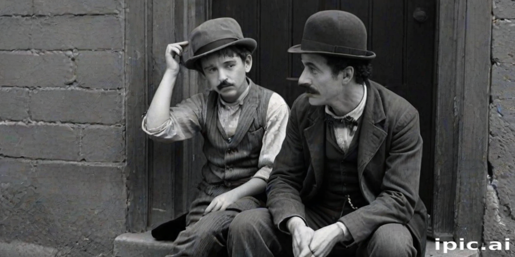 A black-and-white photograph of a man and a child sitting on steps in front of a doorway. The man is dressed as a tramp with a bowler hat, mustache, and ragged clothes, reminiscent of Charlie Chaplin's iconic look. He is sitting with his arms crossed and an expression of slight sadness or frustration. Next to him is a young boy, also in worn clothes and a cap, sitting with his hands clasped, looking thoughtful. The background is an old, textured wall and a partially open door, creating a vintage, early 20th-century atmosphere.
