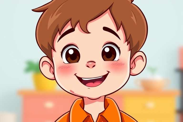 Create an illustration of a cheerful young boy with short brown hair and big brown eyes, wearing an orange shirt with a collar, in a bright and vibrant cartoon style, captured with a high-resolution digital camera, using a 50mm lens, f/2.8 aperture, with a soft focus background for enhanced depth.