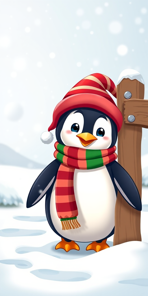 Create a cute cartoon penguin wearing a festive red and green striped hat and scarf, standing in a snowy landscape with falling snowflakes and a wooden sign next to it, captured with a DSLR camera at f/4.0 aperture, 1/250 shutter speed, ISO 200, with a shallow depth of field for background blur, in portrait orientation.