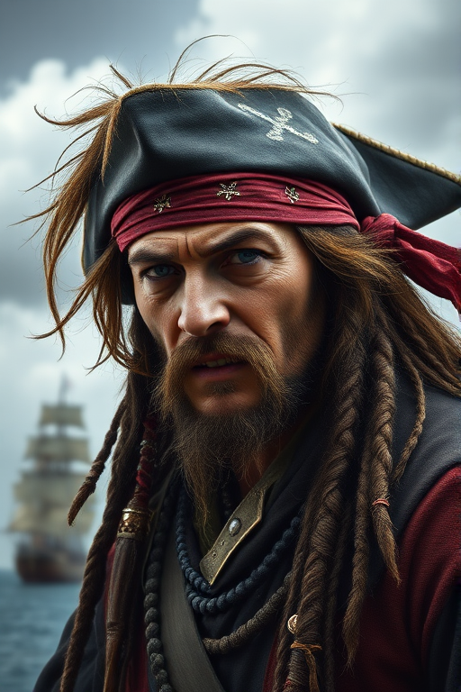 Create a highly detailed digital painting of a pirate with long, messy hair and braids, wearing a tattered bandana and adorned with various accessories, set against a dramatic cloudy sky over a distant ship, shot with a DSLR camera, 50mm lens, f/1.8 aperture, ISO 100, and a shallow depth of field to enhance focus on the pirate's intense expression.