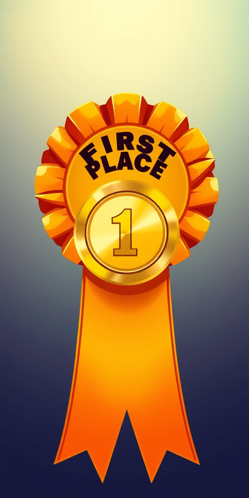 Create a vibrant illustration of a first place award ribbon with a gold medal in the center, using a high-resolution digital art style, with a focus on bright orange and gold colors, 50mm focal length, f/2.8 aperture, ISO 100, and soft lighting to enhance texture and detail.