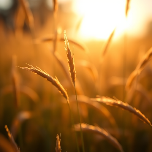 Capture a close-up of golden grass blades swaying in the breeze during golden hour, f/2.8, 1/200s, ISO 100, 50mm lens, shallow depth of field, DSLR camera.