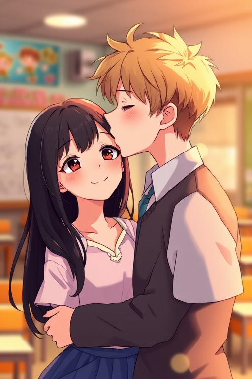Create a detailed digital illustration of a young couple in a school setting; the boy with blonde hair is gently kissing the girl's cheek, who has long black hair and a shy smile; use soft, warm lighting with bokeh effects; camera type: digital DSLR; camera settings: aperture f/2.8, ISO 100, shutter speed 1/60; camera view: eye level, focusing on the characters in a cozy classroom atmosphere with colorful walls and soft shadows.