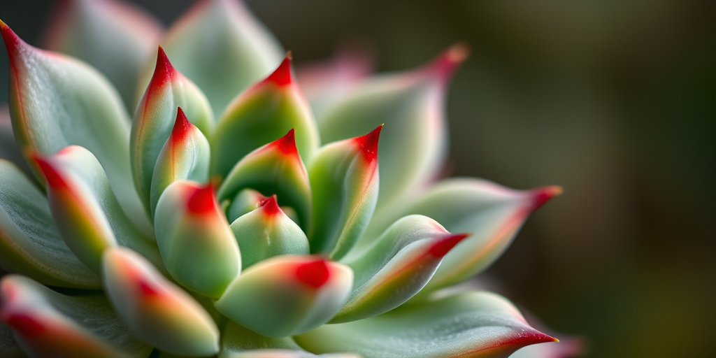 macro shot of a green succulent plant with red tips, soft focus background, f-stop 2.8, shutter speed 1/100s, ISO 100, 100mm lens, natural light, DSLR camera