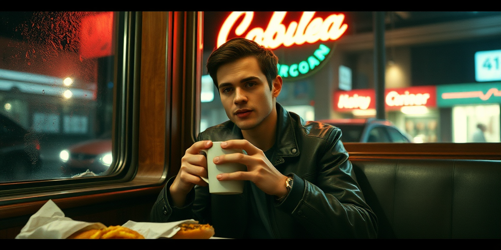 Slightly grainy candid shot, late-night diner, young man sitting alone in a booth, hands wrapped around a steaming cup of coffee, wearing a vintage leather jacket, neon sign glowing in the window behind him, condensation on the glass, a half-eaten burger and fries on the table, faint reflection of streetlights in the window.