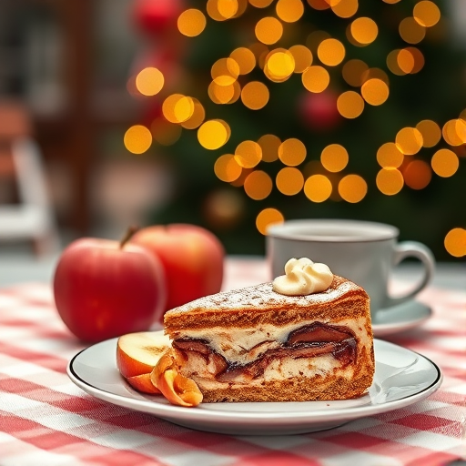 Create a high-resolution image of a beautifully presented slice of layered dessert on a plate with fresh apples and a cup of coffee in a festive outdoor setting, soft focus with warm bokeh background, using a DSLR camera, 50mm lens, f/1.8 aperture, ISO 100, and natural lighting to capture vibrant colors and textures.