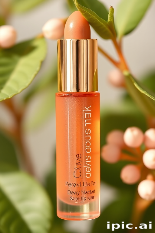 Sheer peach lip oil "Dewy Nectar" with a natural flush and subtle golden sheen, perfect for everyday wear and no-makeup looks, moisturizing and lightweight feel