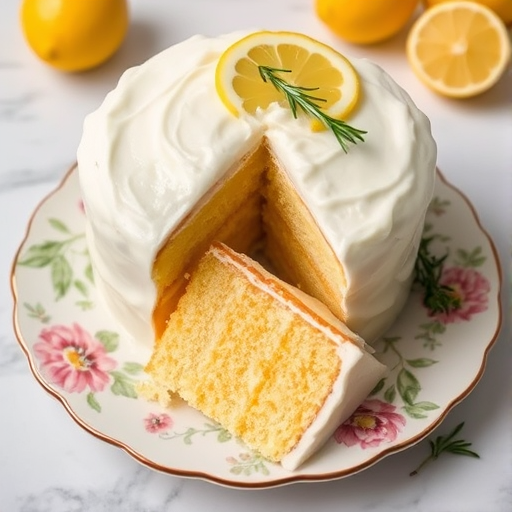A beautifully frosted lemon cake with a slice on a floral plate, garnished with rosemary and lemon slices, placed on a marble surface. The cake has a creamy white icing and a soft, fluffy texture.