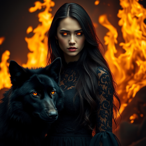 A woman with long dark hair, wearing a black lace dress that seamlessly blends into her skin with intricate floral patterns. She is in the foreground, with a black wolf beside her; its fur is midnight black, and it has glowing, intense, orange eyes that match hers. Her eyes are partially closed with burning embers above them, giving a fiery and mystical aura. The background is engulfed in tall, roaring flames, contributing to an overall dark and supernatural atmosphere. The colors are intense, predominantly black, fiery orange, and deep reds, with sharp contrast highlighting the mysterious and fierce theme. The flames are bright and dynamic, casting dramatic light and shadow, illuminating the woman and wolf while leaving parts in near darkness. The image evokes a sense of otherworldly power and connection between the woman and the wolf.