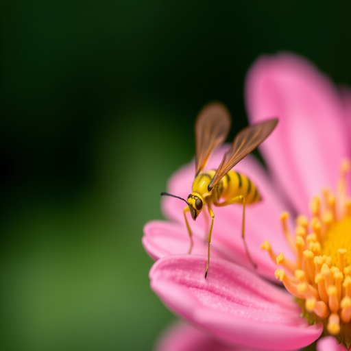 macro photograph of a yellow insect on a pink flower with a shallow depth of field, 100mm f/2.8 lens, ISO 200, shutter speed 1/250 sec, soft focus background, taken with a DSLR camera