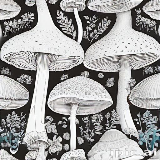 Intricate Black and White Illustration of Various Unique Mushroom Species