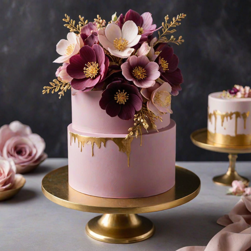 Create a two-tiered cake with a smooth pink upper layer decorated with delicate edible flowers and intricate gold foil accents. The lower tier should be a rich plum color with a matte finish. The overall design should convey elegance and sophistication, emphasizing a floral theme with soft colors and a modern aesthetic.