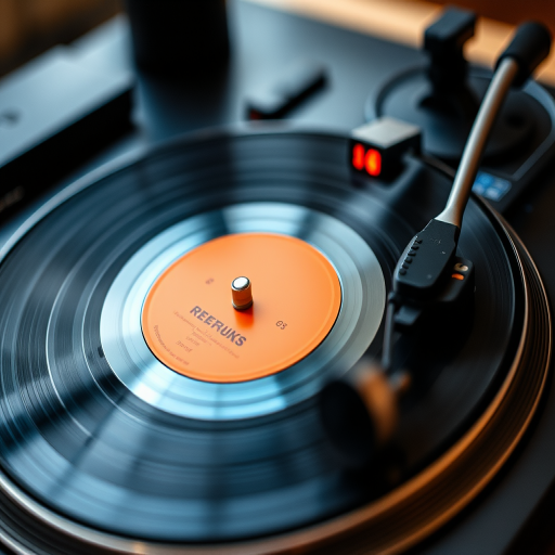 Create a close-up shot of a spinning vinyl record on a turntable with a focus on the vibrant orange label, using a DSLR camera with a 50mm lens at f/1.8 aperture, 1/250 sec shutter speed, ISO 100, natural lighting to enhance the mood and detail.