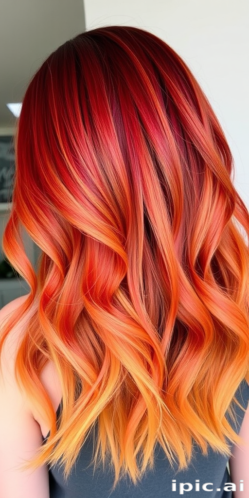 Fierce image showcases Wildfire Ombre shoulder-length hair, transitioning from deep red roots to bright orange mid-lengths and yellow tips, styled in tousled beach waves