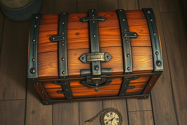 Create a highly detailed digital illustration of a vintage wooden treasure chest with intricate metal accents, shot with a DSLR camera at f/2.8 aperture, ISO 100, 50mm lens, capturing a top-down view with soft lighting to enhance textures and shadows.