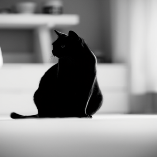 capture a high-contrast monochrome silhouette of a cat sitting gracefully against a soft blurred background with a shallow depth of field, use a 50mm f/1.8 lens, aperture set to f/1.8, ISO 200, shutter speed 1/200s, natural light from the side, taken with a DSLR camera