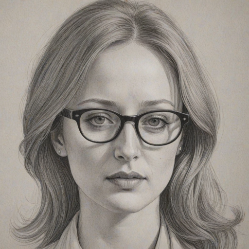 Magnificent Andrea Riseborough, pencil sketch, portrait of Elegant woman 1973s in glasses, hair style beatnik, outline, clear lines, fine lines, 8k