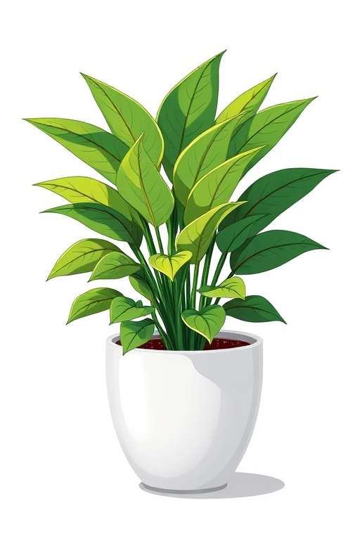 Create a vibrant and detailed illustration of a potted plant with lush green leaves in a sleek white pot, using a DSLR camera with an aperture of f/2.8 for depth of field, a focal length of 50mm for a clean background, and a soft natural light source to enhance colors and textures.