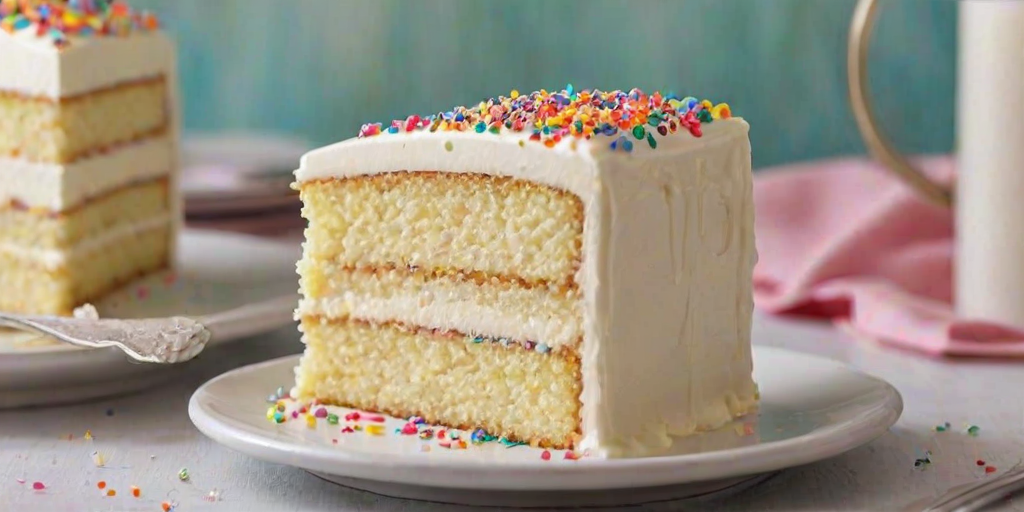 Create a close-up image of a slice of vanilla cake with layers of cream filling. The cake should have a smooth, light-colored frosting on top, decorated with colorful sprinkles. The background should be softly blurred to emphasize the cake.