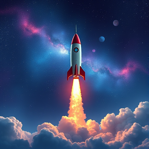 create a digital illustration of a rocket launching into space with a vibrant night sky, include detailed smoke and flame effects, use a wide-angle lens at f/8 aperture, ISO 100, and a resolution of 300 dpi for high-quality output
