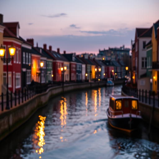 Soft-focus image of a row of colorful houses along a quiet canal at dusk, soft golden light from street lamps reflecting off the water, with a boat gently gliding past and distant buildings silhouetted against the evening sky.