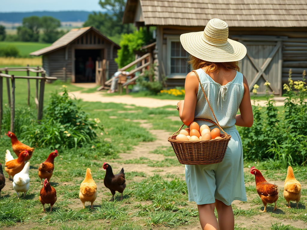 Charming rural farmyard, chickens pecking at the ground, a woman carries a basket of fresh eggs, her straw hat shielding her from the sun as she makes her way toward a barn.