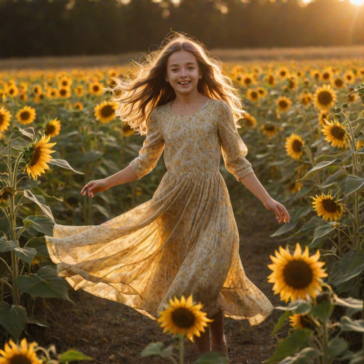 Blurry action shot of a young girl twirling in a field of sunflowers at sunset, her dress billowing in the wind, soft golden light casting long shadows on the ground.