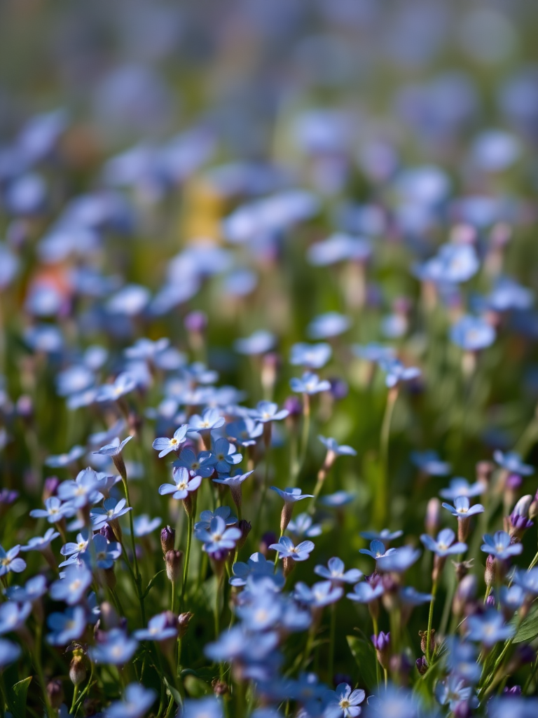 A vibrant field of small blue flowers, softly blurred background, close-up shot, aperture f/2.8, shutter speed 1/200s, ISO 100, Canon EOS R5, macro lens, natural lighting, vivid colors.