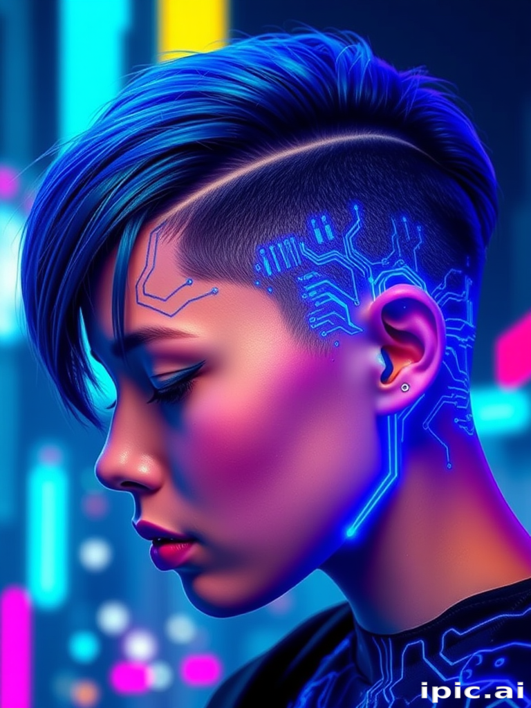 Cyber neon blue electrifies a futuristic undercut with holographic circuit patterns shaved into the sides, pulsing with the energy of a digital metropolis