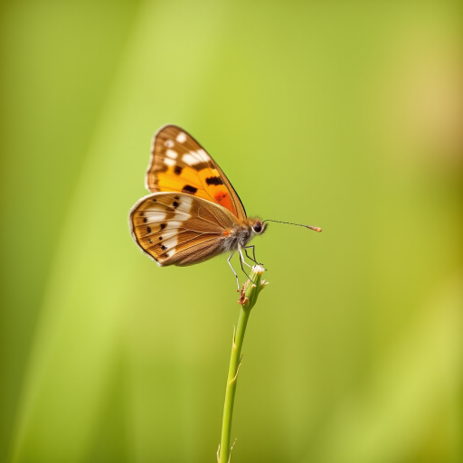 macro shot of a butterfly perched on a thin green stem with a blurred green background, ISO 100, aperture f/2.8, shutter speed 1/500s, 100mm lens, natural light, DSLR camera