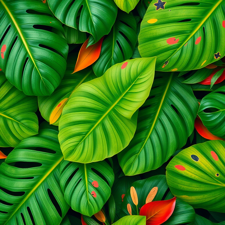 Create a vibrant tropical foliage pattern with various shades of green and colorful abstract shapes, using a high-resolution digital camera at f/2.8, ISO 100, and a 50mm lens, shot from a top-down view to enhance depth and detail.
