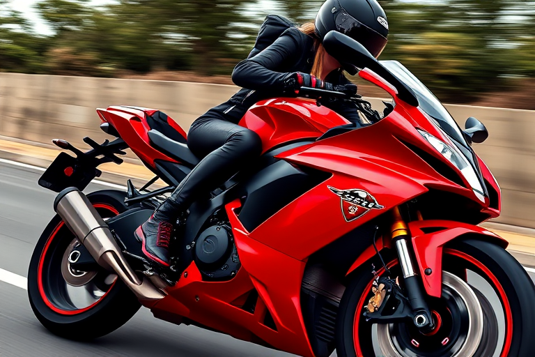 create a high-resolution vector art illustration of a female motorcyclist in a black outfit riding a sleek red sports bike, shot from a low angle to emphasize speed, using a Canon EOS R5 with a 50mm lens, f/1.8 aperture, ISO 100, and a shutter speed of 1/250s for sharpness and detail