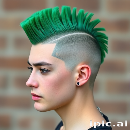 Striking emerald green mohawk dubbed Emerald Punk boasting a perfectly sculpted shape with shaved sides and intricate geometric patterns buzzed into the scalp exuding confidence and individuality