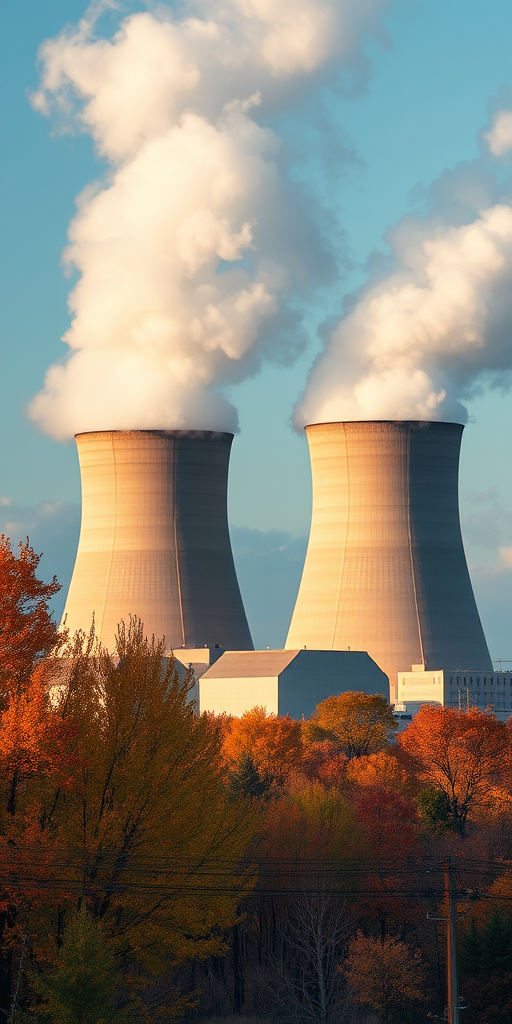 Regenerate an image of a nuclear power plant with cooling towers emitting steam, autumn trees in the foreground, captured with a DSLR camera, 50mm lens, f/8 aperture, ISO 100, natural lighting, wide-angle view, high dynamic range.