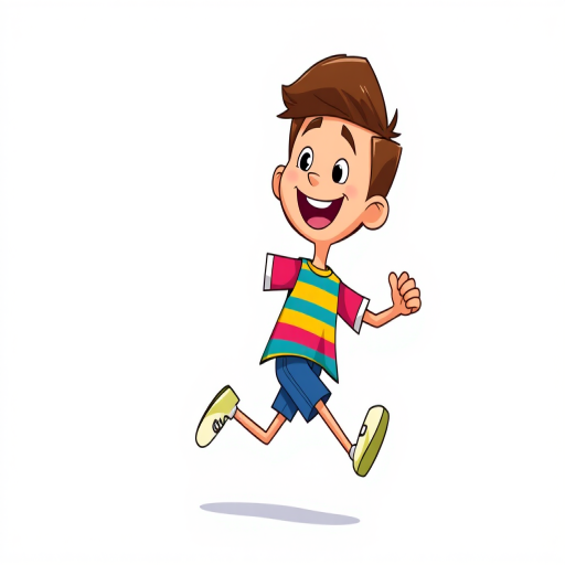 Create a colorful vector illustration of a joyful cartoon character wearing a striped shirt and running, using a Canon EOS R5, f/8 aperture, 1/200 sec shutter speed, and 24mm lens, with a clean background and high contrast to enhance the vibrant colors.