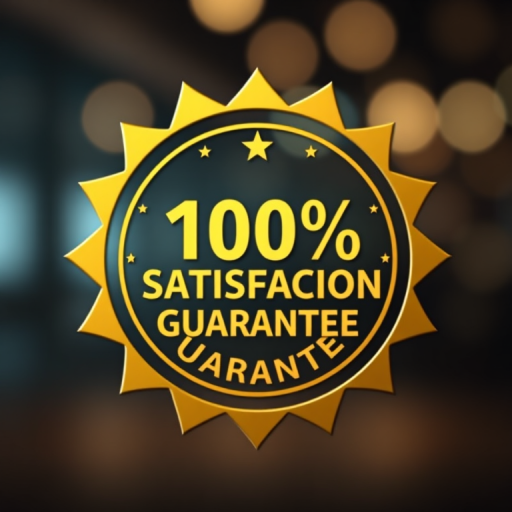 Create an image of a badge with a golden starburst shape, featuring the text "100% SATISFACTION GUARANTEE" in modern typography, with a soft-focus background; use a DSLR camera with a 50mm lens, aperture set to f/2.8 for a shallow depth of field, ISO 100, and a slight vignette effect.
