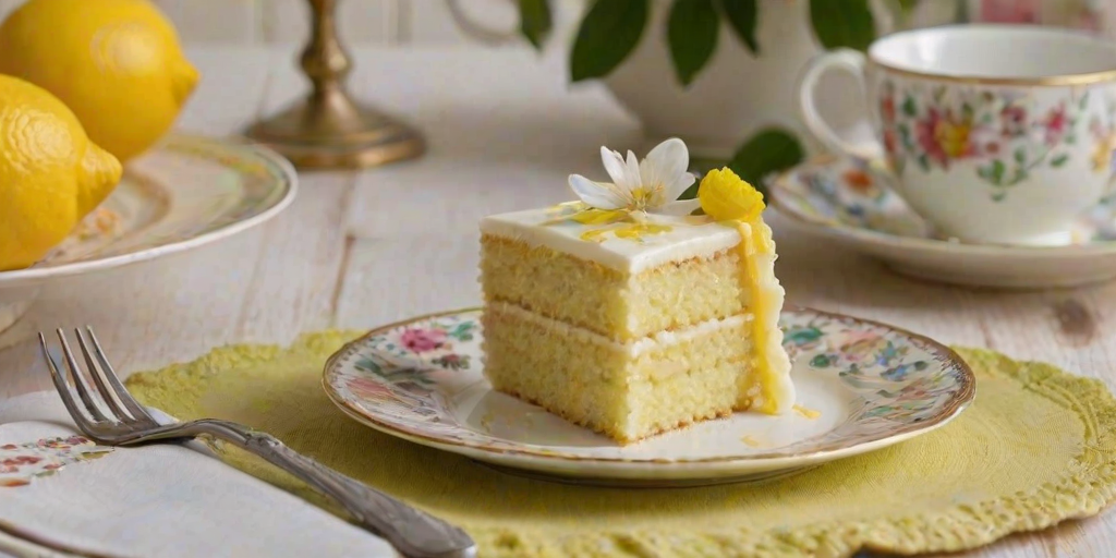 Create an image of a slice of lemon cake on a decorative plate with floral patterns. The cake should have a light, moist texture and be garnished with thin strips of lemon zest. Include a fork resting on the plate and a cup of tea in the background, with a soft, inviting table setting.