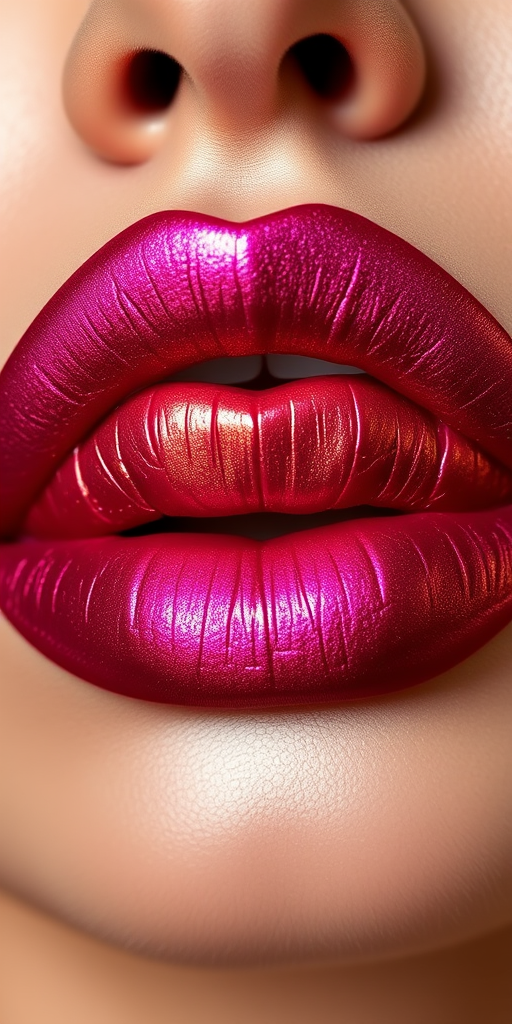 Duochrome magenta to gold lips called "Royal Fusion" shift between regal hues, creating a luxurious and opulent look for formal events and red carpet appearances