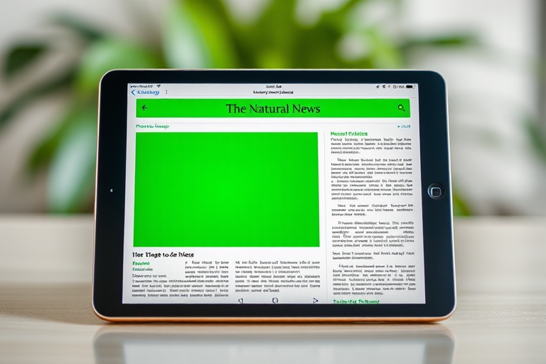 Create a high-resolution image of a tablet displaying a news article with a green header and a green rectangular graphic in the center, captured with a DSLR camera at f/1.8 aperture, ISO 100, using a 50mm lens in portrait view and natural lighting for enhanced image quality.