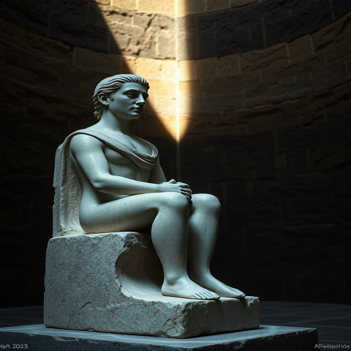 high-resolution image of a stone sculpture of a seated figure with a contemplative expression in a dark, textured environment, natural light illuminating the sculpture, aperture f/8, shutter speed 1/250 sec, ISO 100, wide-angle lens, DSLR camera